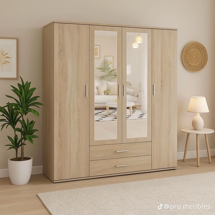 Natural woodern 4 doors & drawers with mirror wardrope